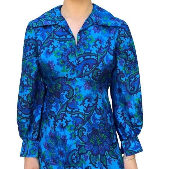 Vintage 1970s Womens Handmade Blue Floral Psychedelic Floral Disco Collar Dress - Picture 3 of 9